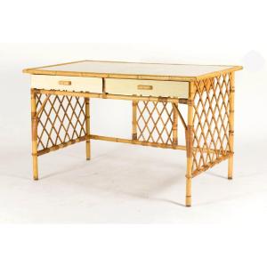 1960s Design: Checkered Rattan Desk With Bamboo Legs And A Formica Top In The Royere Style