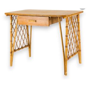 1960s Design: Rattan And Bamboo Desk With A Wooden Top That Opens Via A Drawer