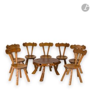 Set Of 7 Chairs And A Coffee Table Made Of Solid Wood, Carved With A Gouge, Circa 1950–1960