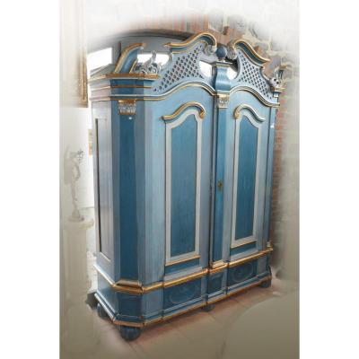 Cabinet Carved And Patinated Blue And Gold, Opening Two Doors, 18th German Work Or