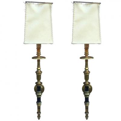 Pair Of Neo Classical Wall Lamps In Bronze And Brass Circa 1950