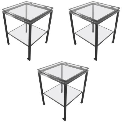 Guy Lefevre. Series Of 3 Side Tables In Brushed Steel And Tinted Glass. Jansen House.