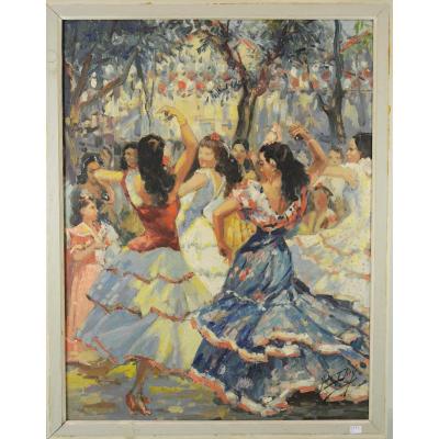 Yves Diey "flamenco", Oil On Canvas Art Deco Period, Circa 1940