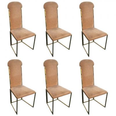 6 Willy Rizzo Style Chairs, Gold Varnished Metal, Original Fabric, Italy 1970 Good Condition General