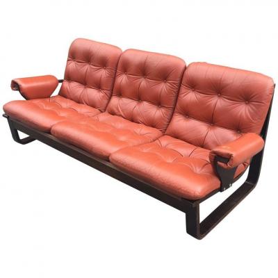 1970 Sofa In Lamellate Wood And Orange Red Leather, Scandinavian Style