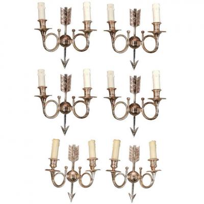 6 Neo Classic Wall Lamps In Silver Bronze, Monogrammed Circa 1960