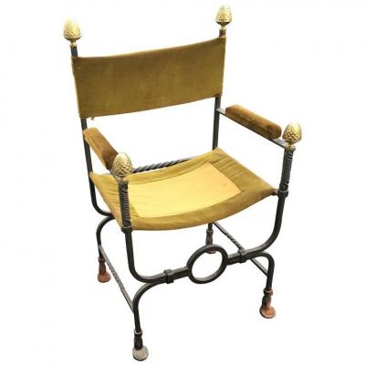 Old Curule Armchair In Wrought Iron And Brass Circa 1900/1920