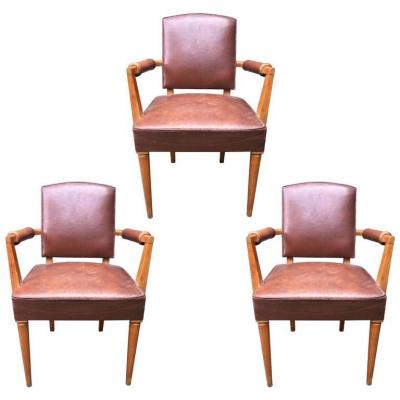 3 Bridges Leather Covered Armchairs, Art Deco Period, Circa 1940