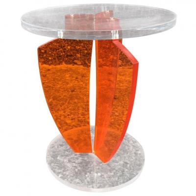 Charming Small Gueridon In Perpex Transparent And Orange, Circa 1980