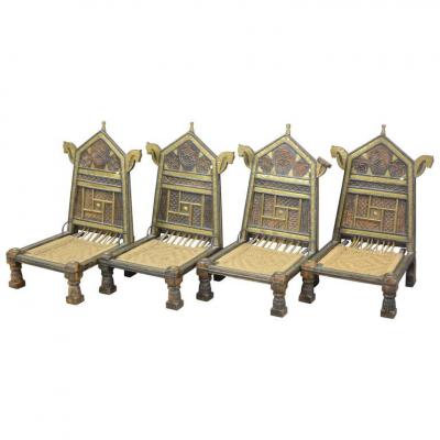 4 Traditional Seats  Around 1930/1950, Wood, Rope And Brass