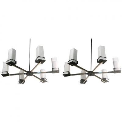 Pair Of Lacquered Metal Chandeliers, Chrome And Opaline, Circa 1960