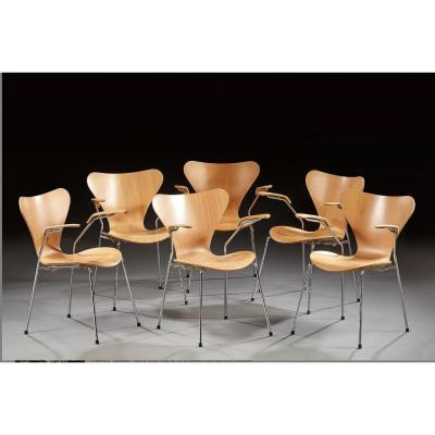 Arne Jacobsen , Suite De 6 Chaises, Modele 3107, Edition Fritz Hansen , Estampille, étiquette