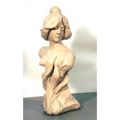 Bust Art Nouveau Period (58cm) Patinated Plaster, Circa 1900