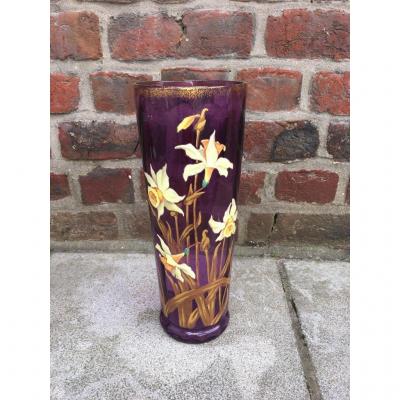 Vase Art Nouveau Enamelled Glass With Floral Decor Circa 1900