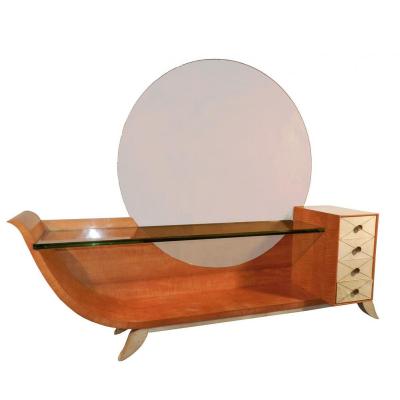 Very Large Dressing Table Art Deco, Mahogany Blond, Parchment And Mirror
