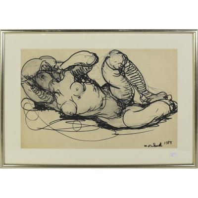 Felt Drawing By Marcel Delmotte "nude Woman" Signed And Dated 1984 (46 X 31cm)