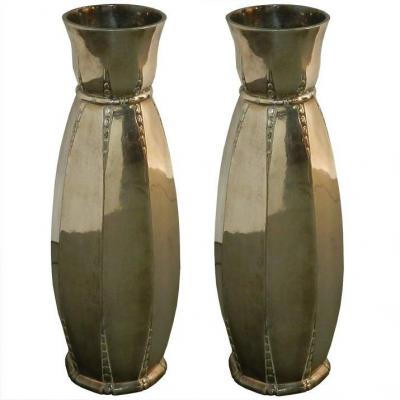 Galia, Pair Of Vintage Art-deco Vase In Silver Metal Circa 1930