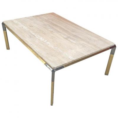 Large Travertine Dining Table And Gold Metal, Circa 1970