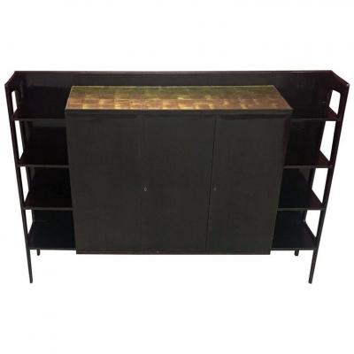 Vintage Dark Mahogany Cabinet, Gold Leaf Decor On The Plateau, Italy Circa 1950/1960