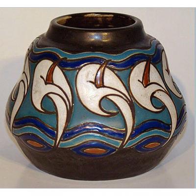 Lise Lecocq, Gres Emaille, Signed, Art Nouveau Period Circa 1900