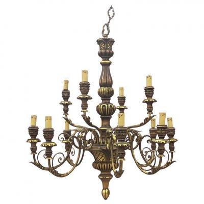 Large Chandelier In Wood And Golden Wood Illuminating 12 Lights Circa 1950