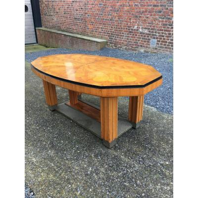 Large Art-deco Dining Table, Marquetry Decor On The Plateau, Around 1925/1930