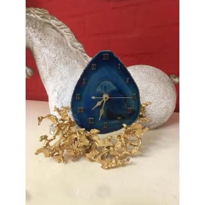 Robert Duval Brasseur (attributed To) Pendulum In Bronze And Agate Circa 1970