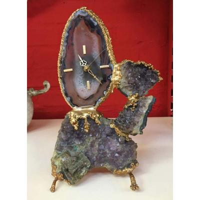 Robert Duval Brasseur (attributed To) Pendulum In Bronze And Agate Circa 1970