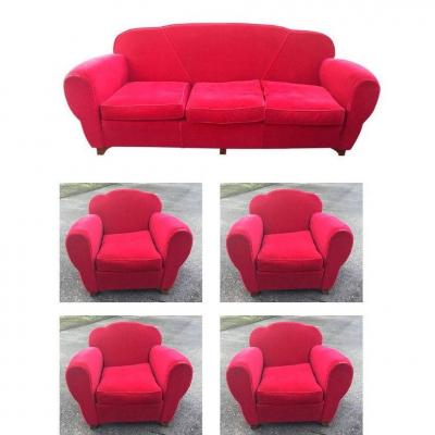 Art Deco Velvet Lounge Including 1 Bench And 4 Armchairs Circa 1940/1950