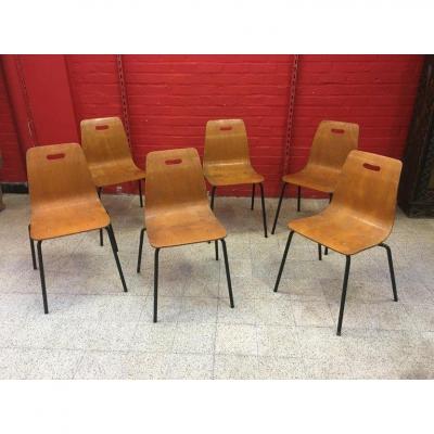 Suite Of 6 Stackable Chairs In Thermoformed Wood, Circa 1950
