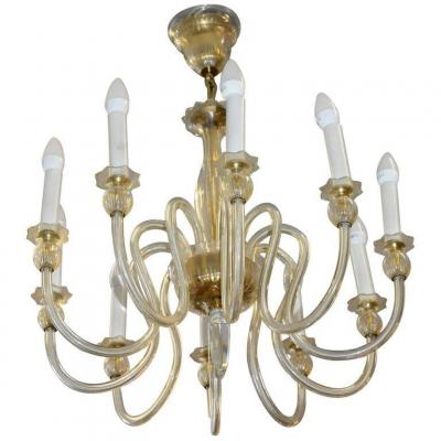 Large Glass Chandelier With 10 Branches Circa 1970