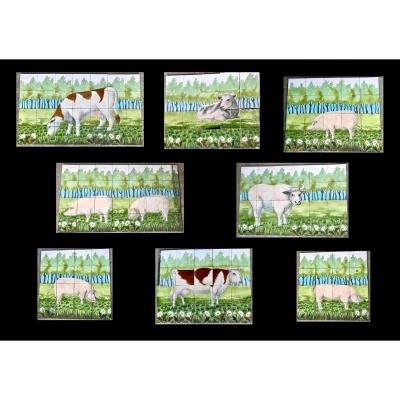 Rare Set Of 8 Ceramic Panels, From Former Butcher's Tile Of Desvres