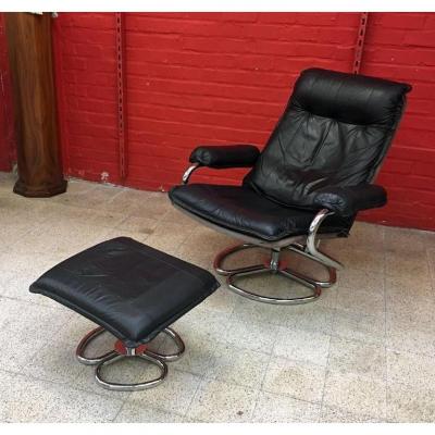 Vintage Armchair And Its Footrest, In Chromed Metal And Leather Circa 1970