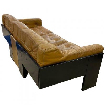 3 Seater Sofa In Lacquered Wood And Leather, Italian Design Circa 1960/1970, Claudio Salocchi Style