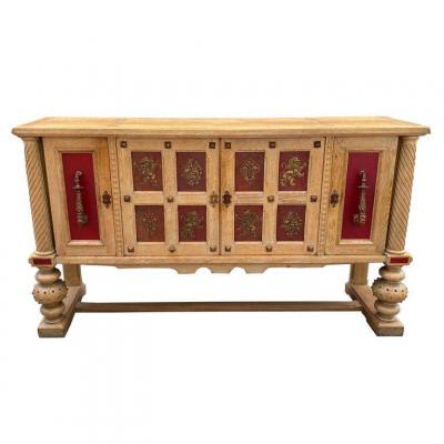 Art Deco Buffet In Oak And Leather, Neoclassical Style Circa 1940/1950