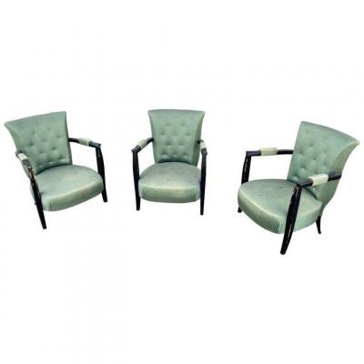 3 Art Deco Low Chairs In Blackened Wood And Satin, Circa 1930/1940