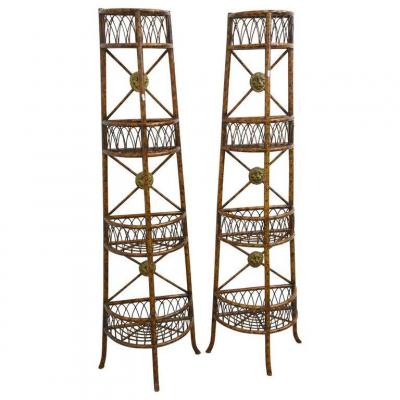 Old Pair Of Bamboo Shelves, Bronze Medallions Circa 1950