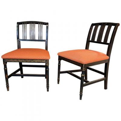 Pair Of Napoleon III Chairs, Blackened Wood And Polychromy, Wear