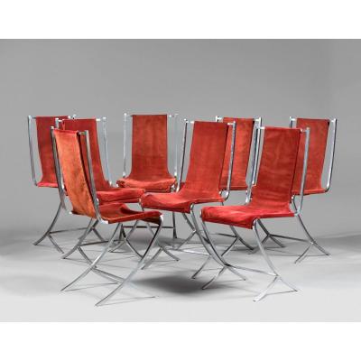 Pierre Cardin (1922-) Suite Of 8 Chairs, Original Metal And Velvet, Maison Jansen Edition