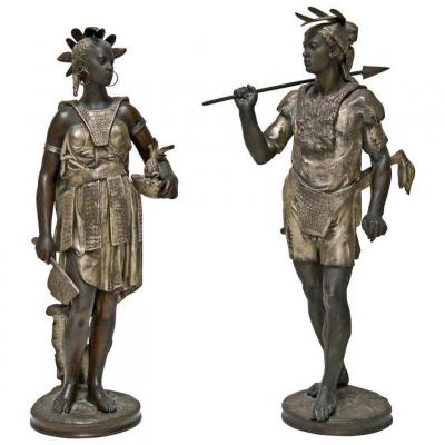 Jean Jules B. Salmson (1823-1902) Couple Of Amerindians; Regulates Black And Silver Patina,