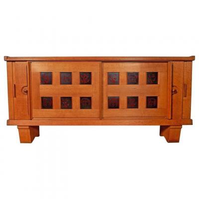 Guillerme And Chambron, Oak Buffet, Ceramic Tiles Circa 1960