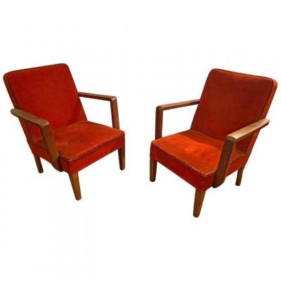 Pair Of Art Deco Armchairs In Oak And Velvet Circa 1940