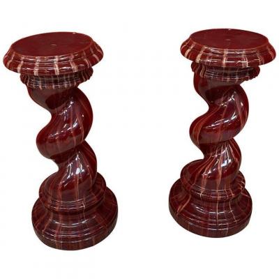 Pair Of Enamelled Terracotta Columns From Le Gout De Massier In Valauris, Circa 1900/1920