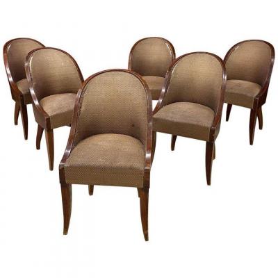 Rare Suite Of 6 Important Art Deco Gondola Chairs In Rosewood Veneer, Circa 1930