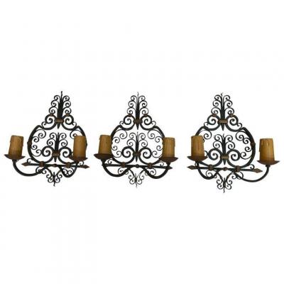 3 Wrought Iron Wall Lights Circa 1950,