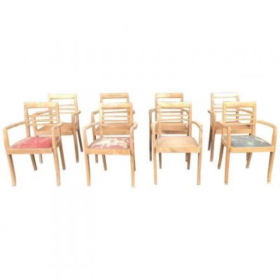 8 Art Deco Bridges Armchairs Circa 1940/1950 In Oak, To Restore