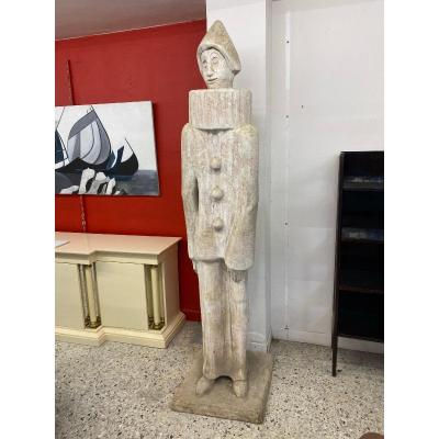 Roger Desserprit (1923-1985) "pierrot" Large Sculpture (235cm) In Cement, Signed And Dated 67