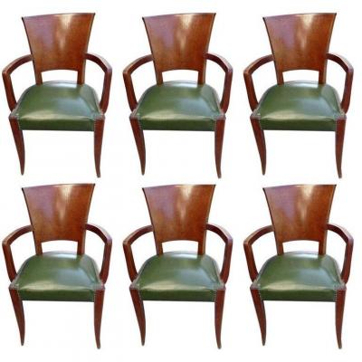Suite Of 6 Armchairs Bridges Art Deco Period In Mahogany And Elm Burl Circa 1930