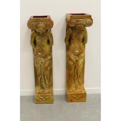 2 Enamelled Terracotta Caryatids Circa 1930