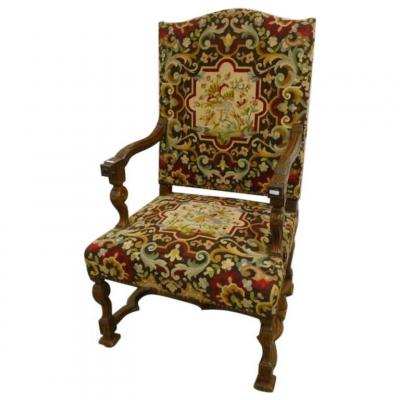 Armchair In Walnut And Tapestry, Louis XIV Style, Early Twentieth Time